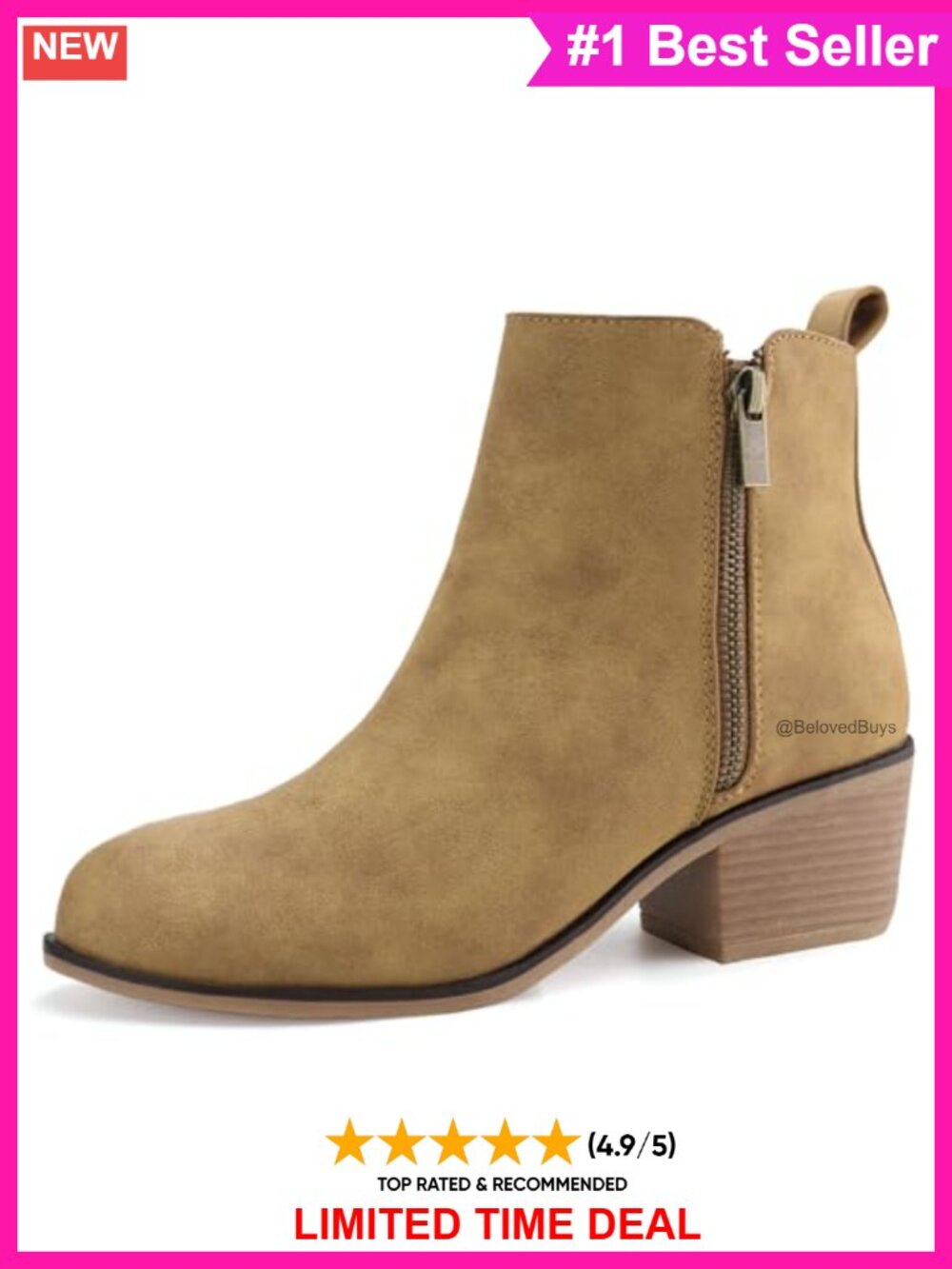 Womens Ankle Boots Side Zipper Booties Low Heel Dress Boots